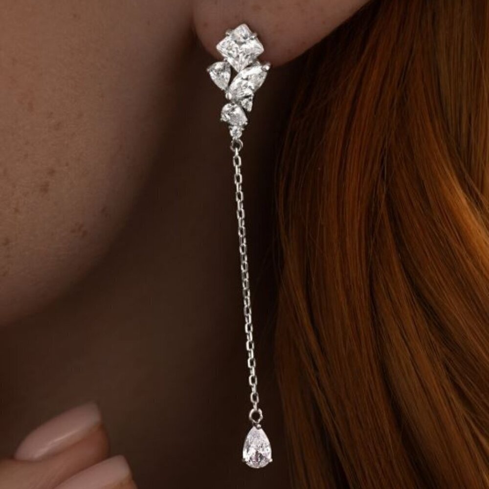 925 Sterling Silver Rhodium Plated Pear and Princess Cut CZ Dangle Earrings